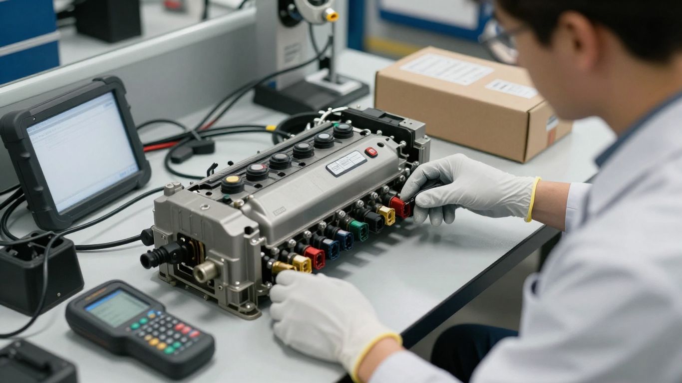 Technician inspecting an automotive control module