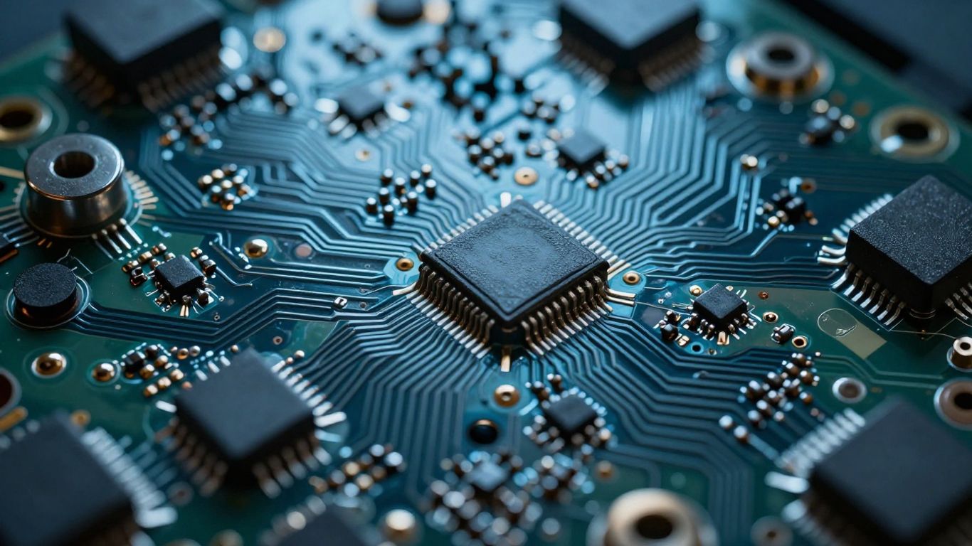 Advanced electronic components and circuit boards with intricate patterns.