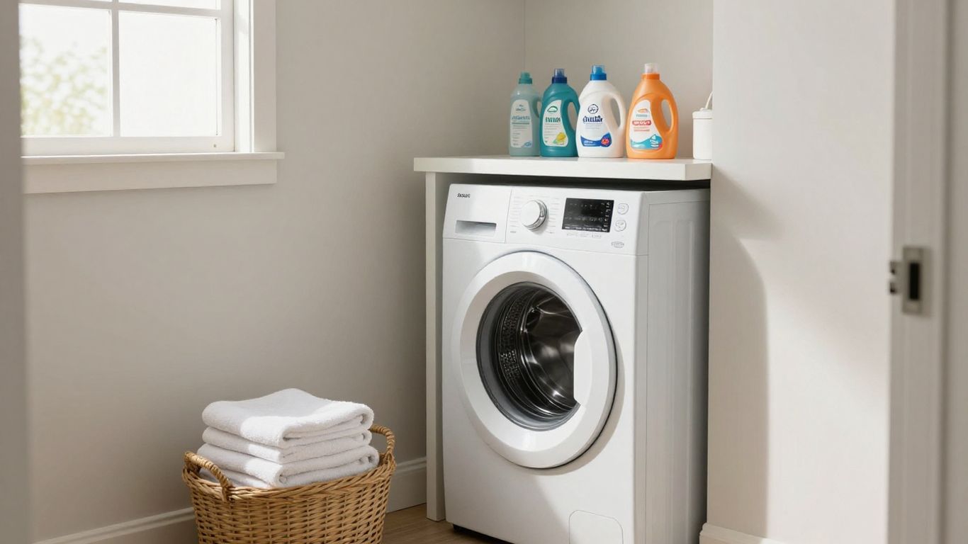 Airbnb laundry room setup with washer, dryer, and supplies.