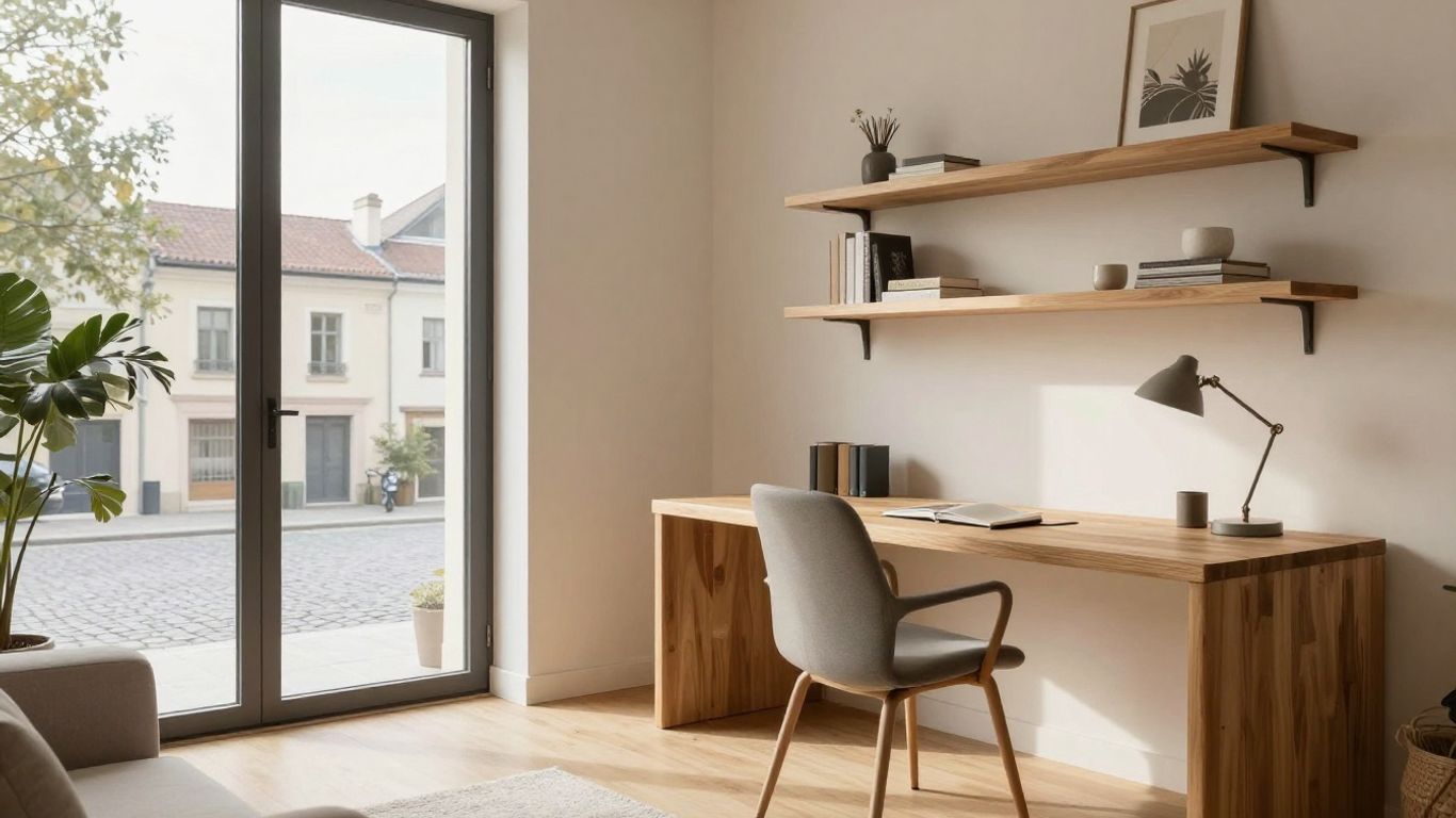 An airy modern apartment with a wooden desk