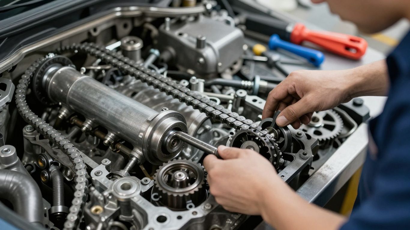 Technician inspecting timing chain components