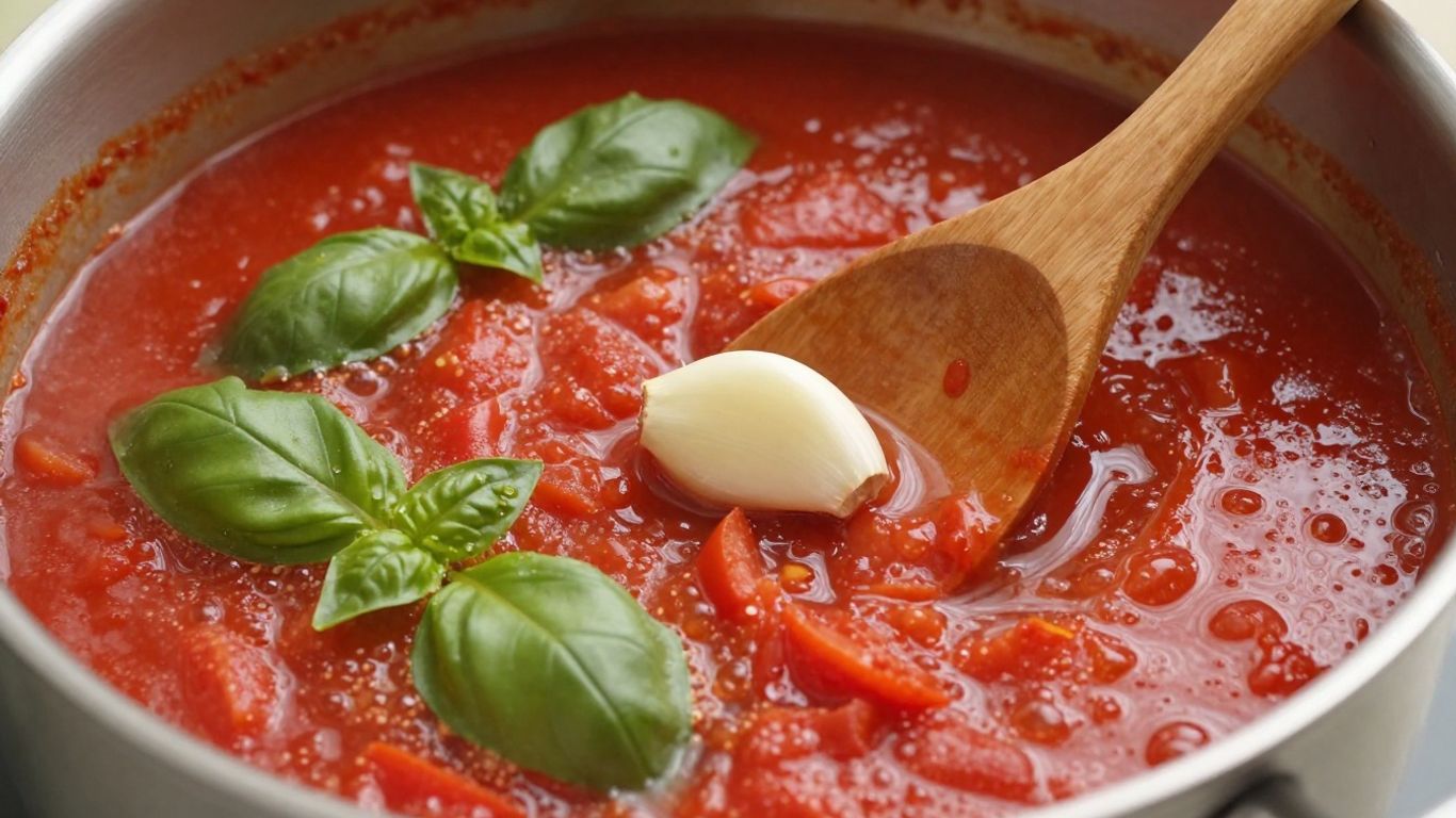 Bubbling tomato sauce with basil and garlic.