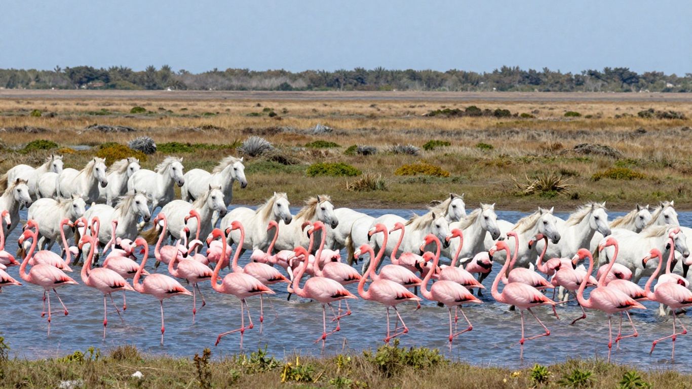 Camargue landscape with flamingos and white horses.