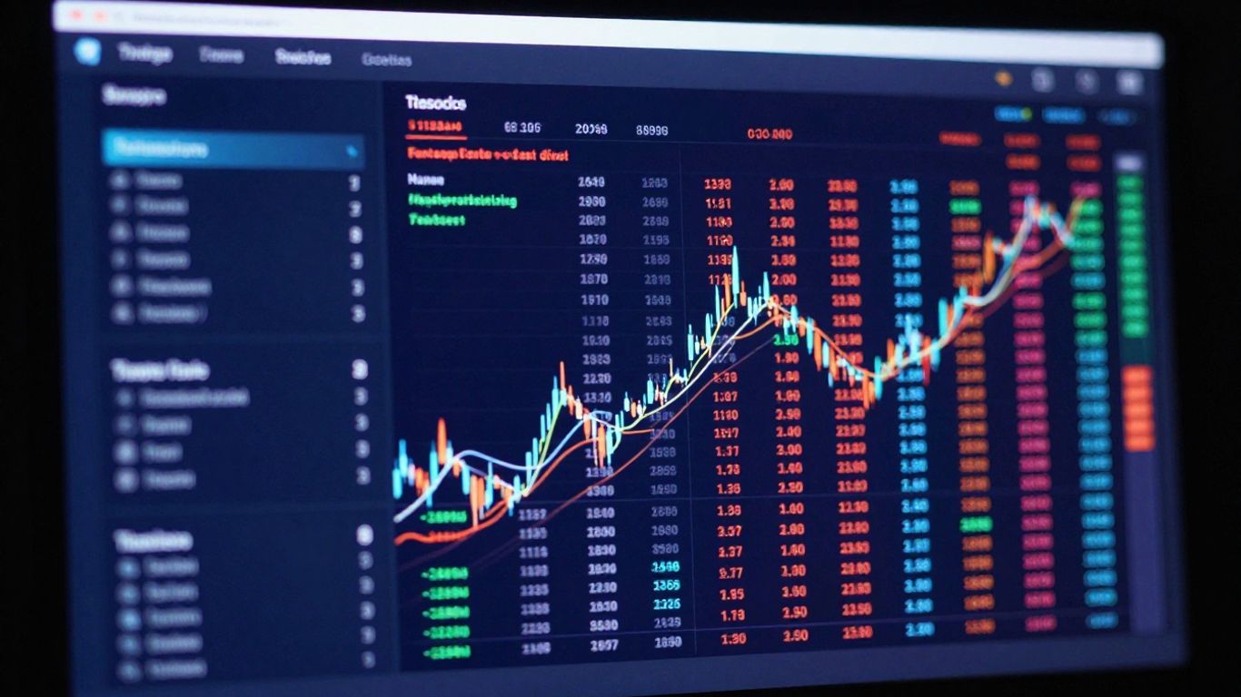 Modern trading platform interface with abstract financial data streams.