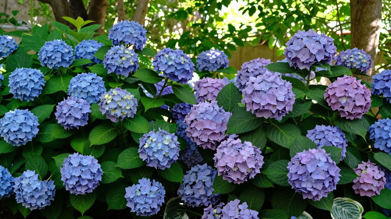 Colorful shade garden flowers in a backyard.