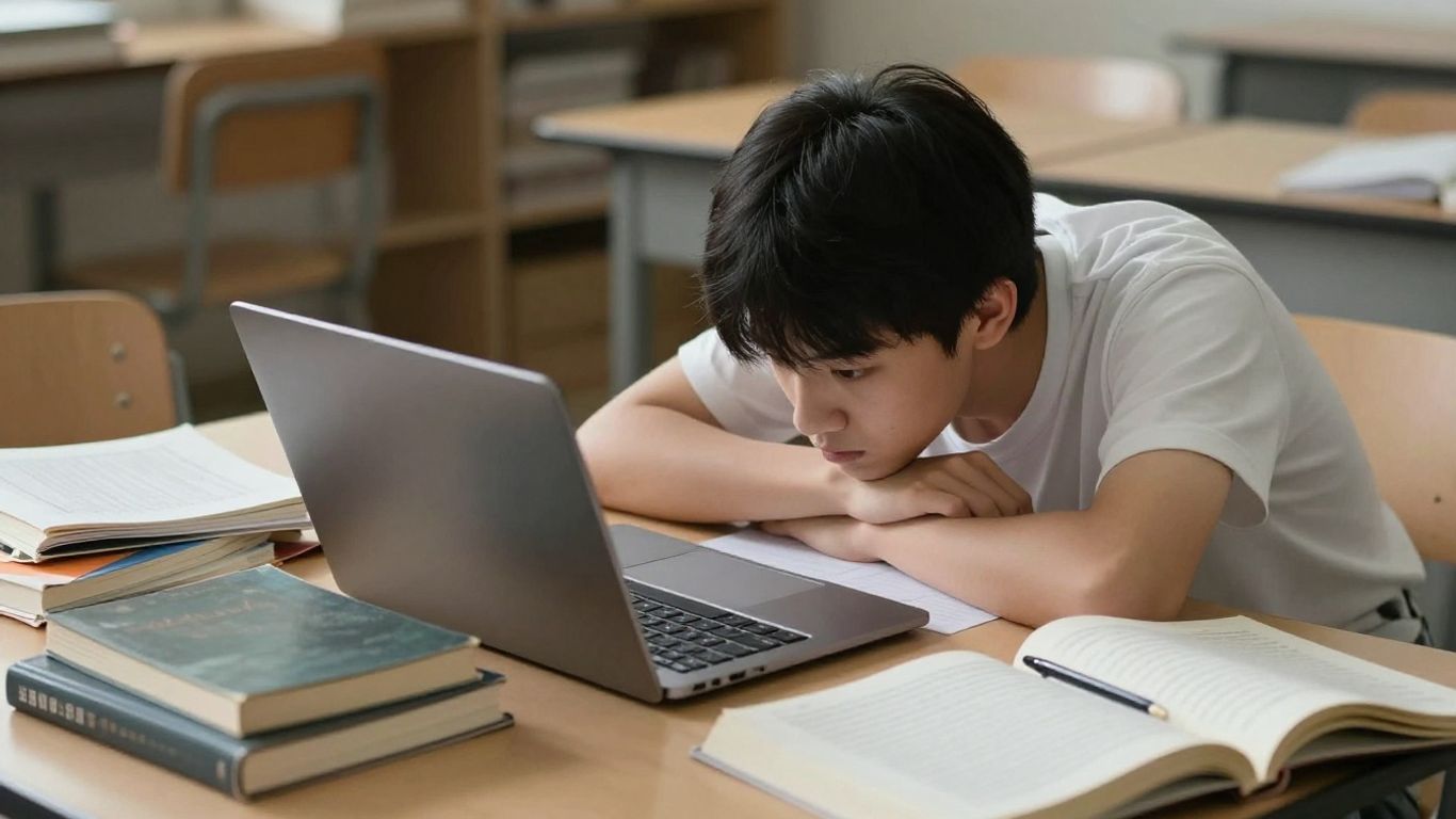 Student disengaged with laptop, neglecting books.