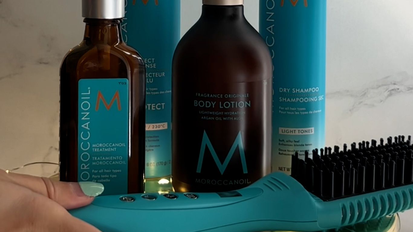 A collection of Moroccanoil hair and body care products displayed.