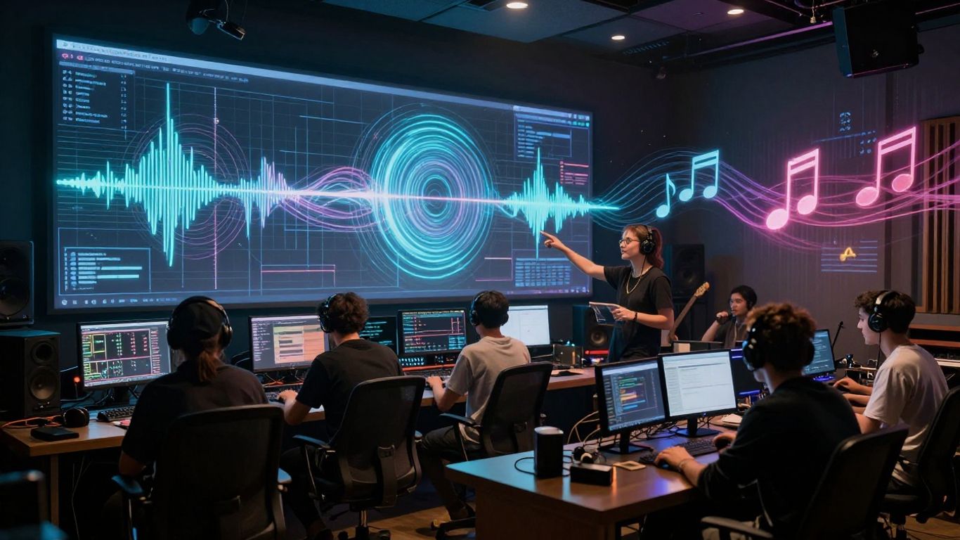 AI music video creation in a futuristic studio.