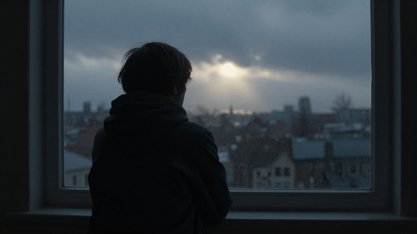 Person blickt aus Fenster an trübem Tag