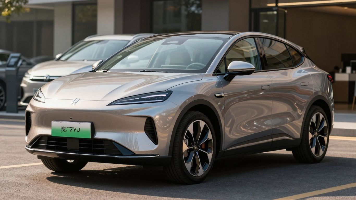 Hybridauto vor einem Autohaus oder auf einer Straße