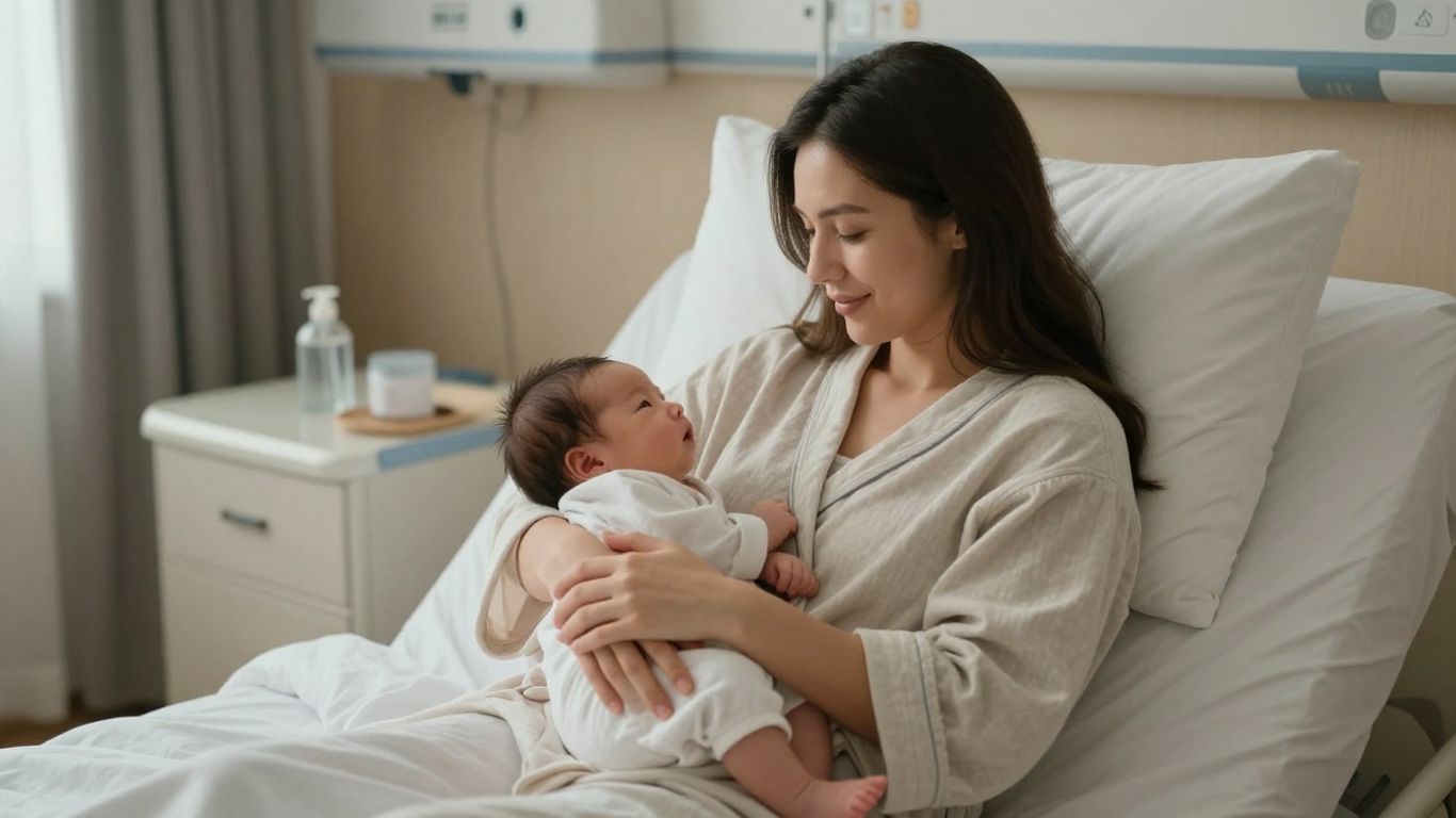 Woman in hospital gown holding newborn baby after delivery.