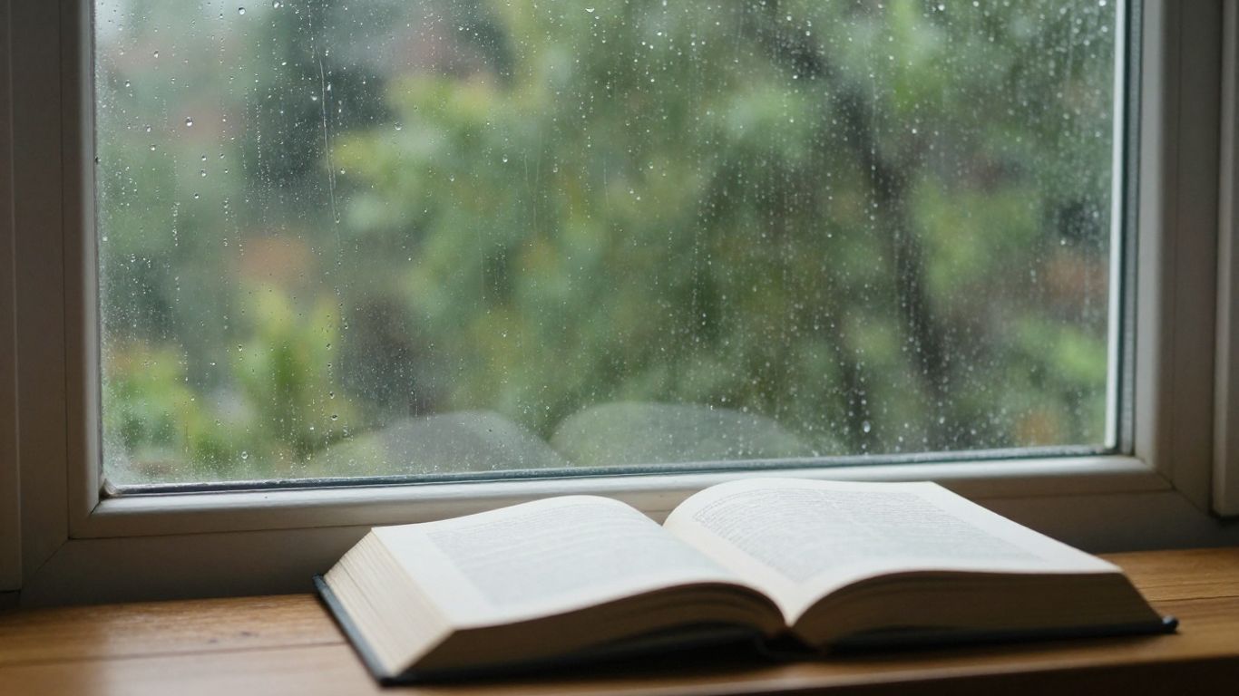 Rainy window with books, perfect for study focus.