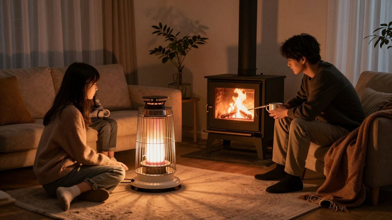 Family using backup heaters during a power outage.