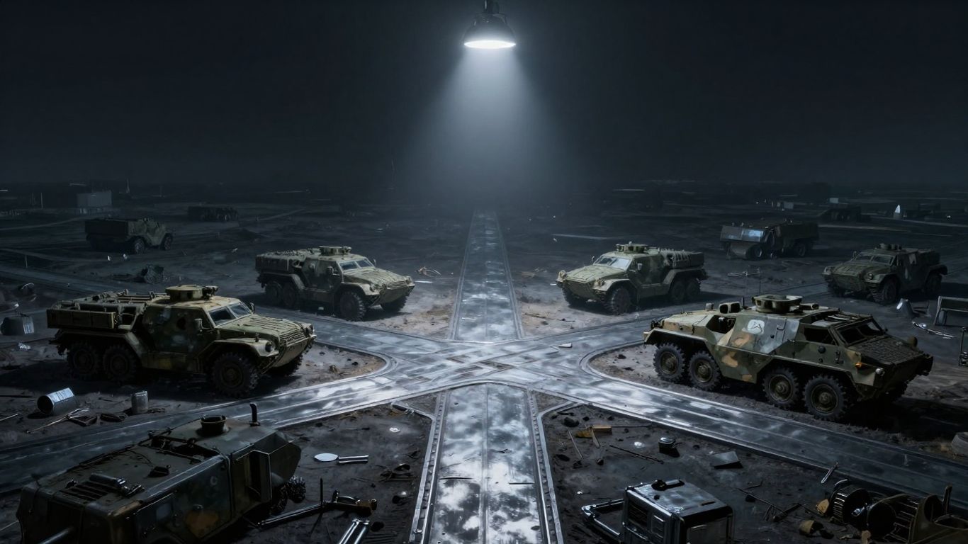 European defense industry crossroads with military vehicles.
