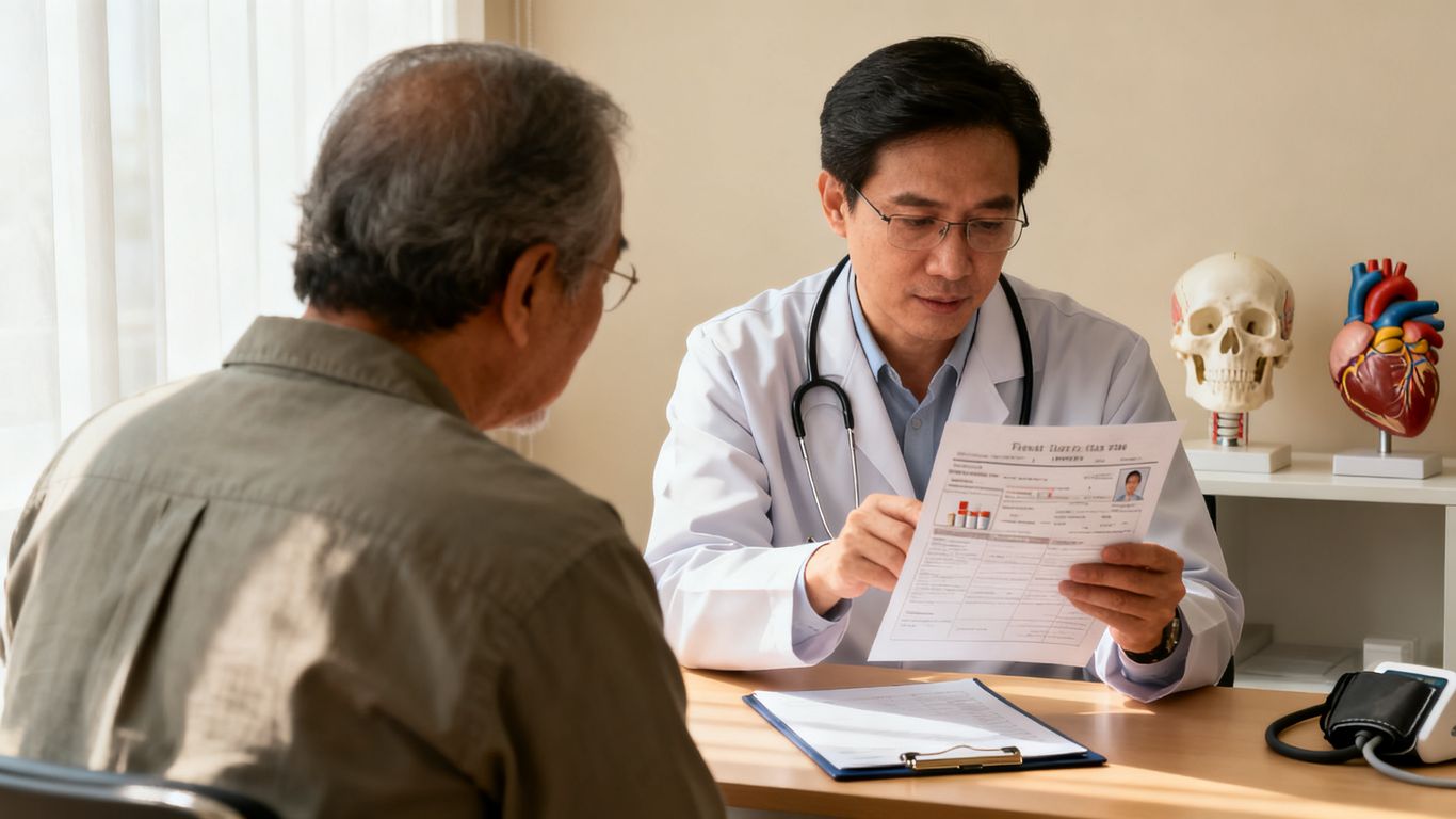 Doctor reviewing medication history with adult patient