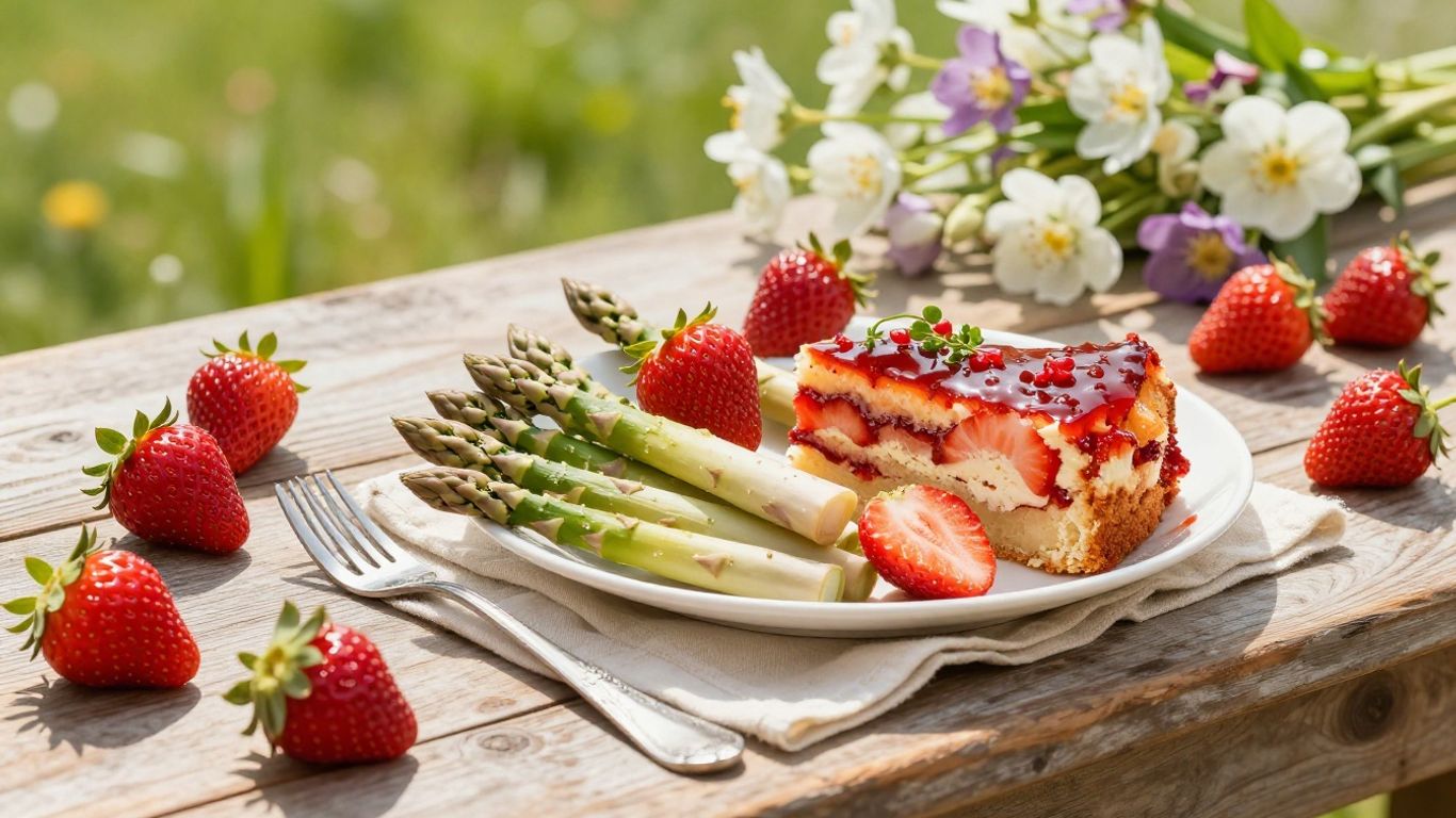 Kulinarische Genüsse im Mai mit frischen Erdbeeren und Spargel.