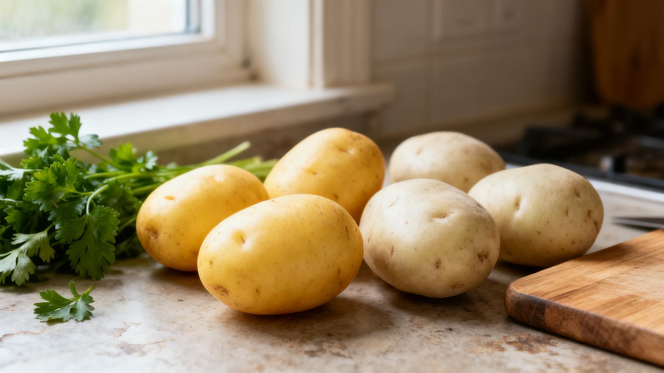 Verschillende aardappelen naast verse kruiden