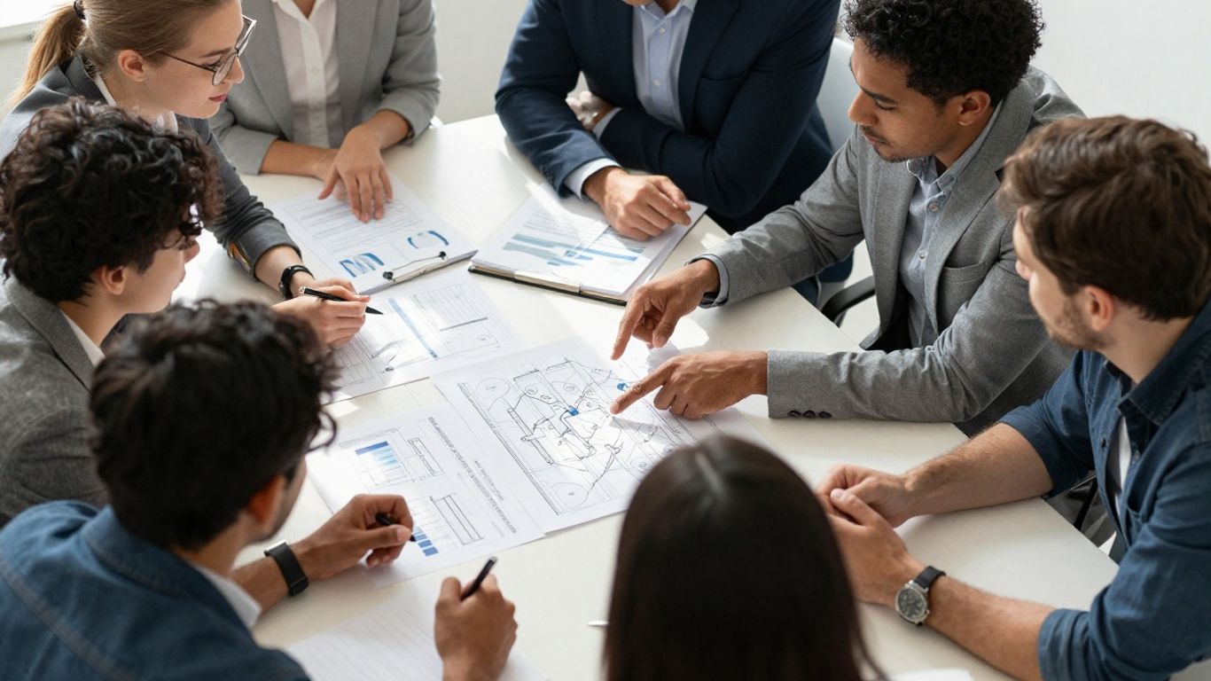 Professionnels collaborant autour d'une table avec des graphiques.