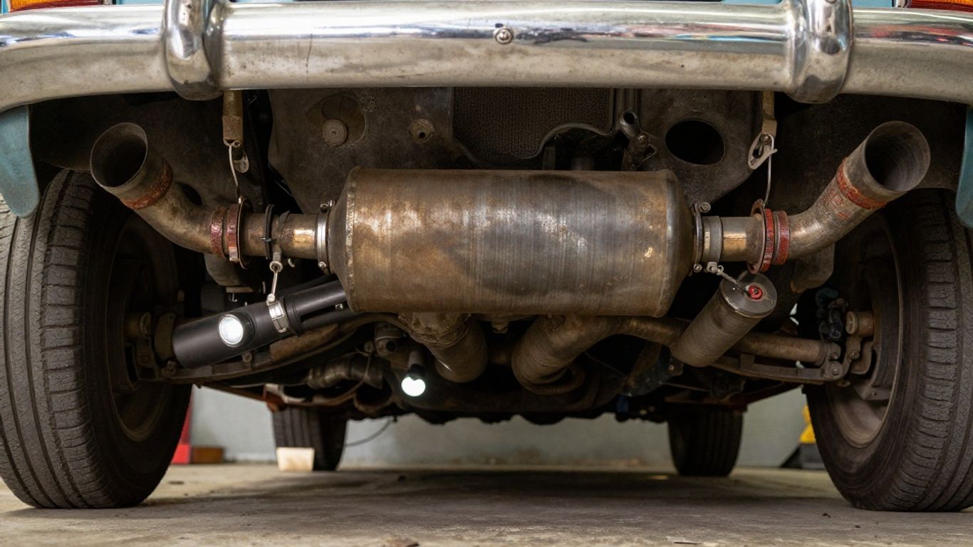 Mechanic inspecting MG exhaust underneath