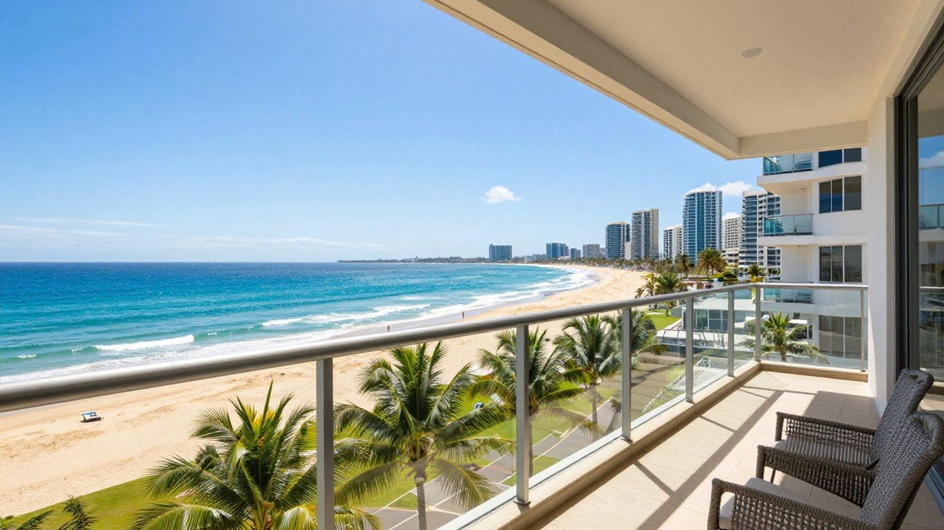 Gold Coast apartment balcony view of ocean and beach.