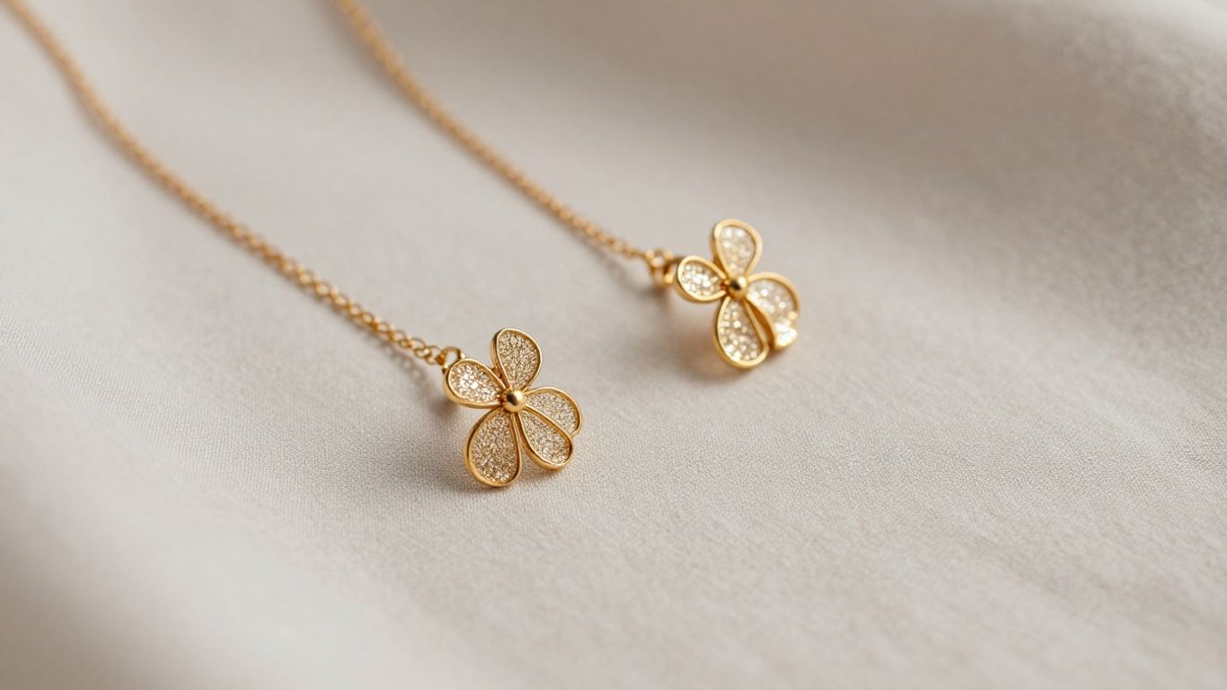Delicate gold earrings and necklace on soft fabric.