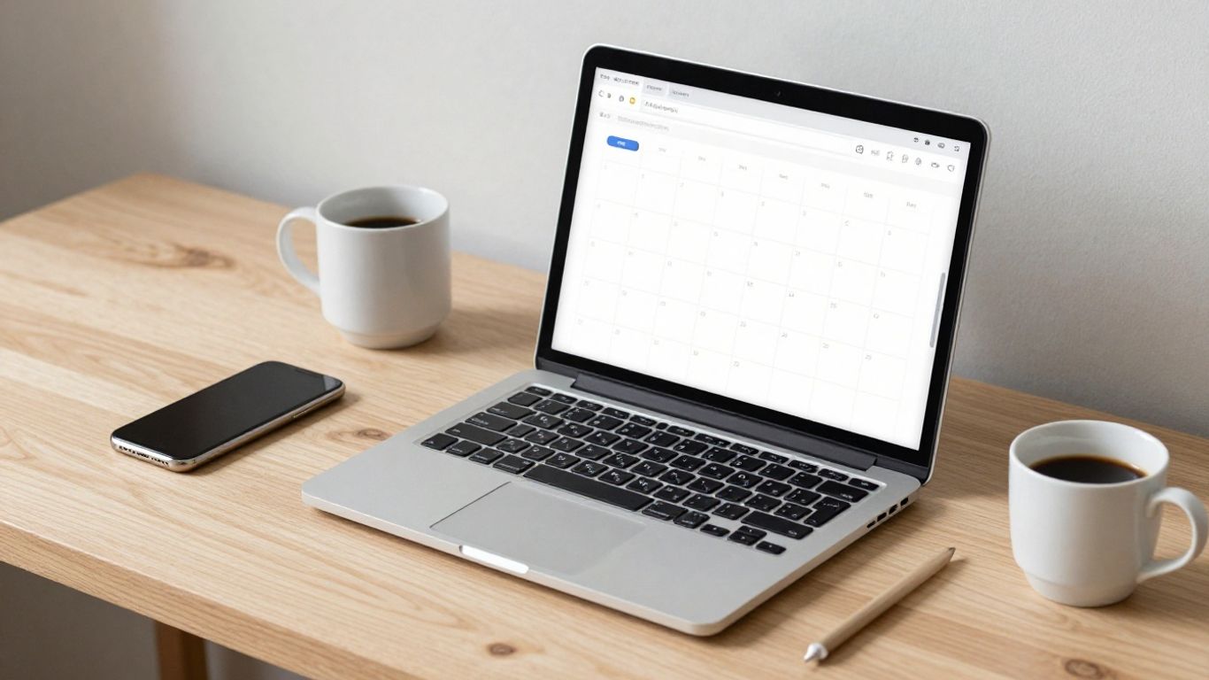 Modern desk with calendar app on laptop and phone.