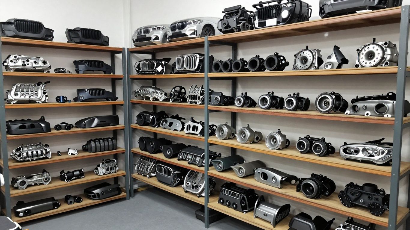 BMW car parts, including X3 and X5 models, neatly organized.