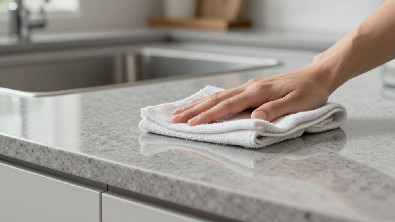 Clean quartz worktop with a hand wiping it.