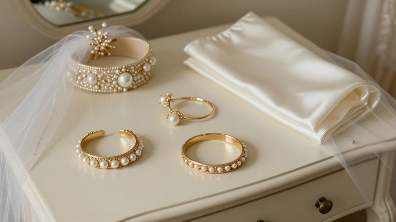 Bridal jewelry set beside wedding accessories