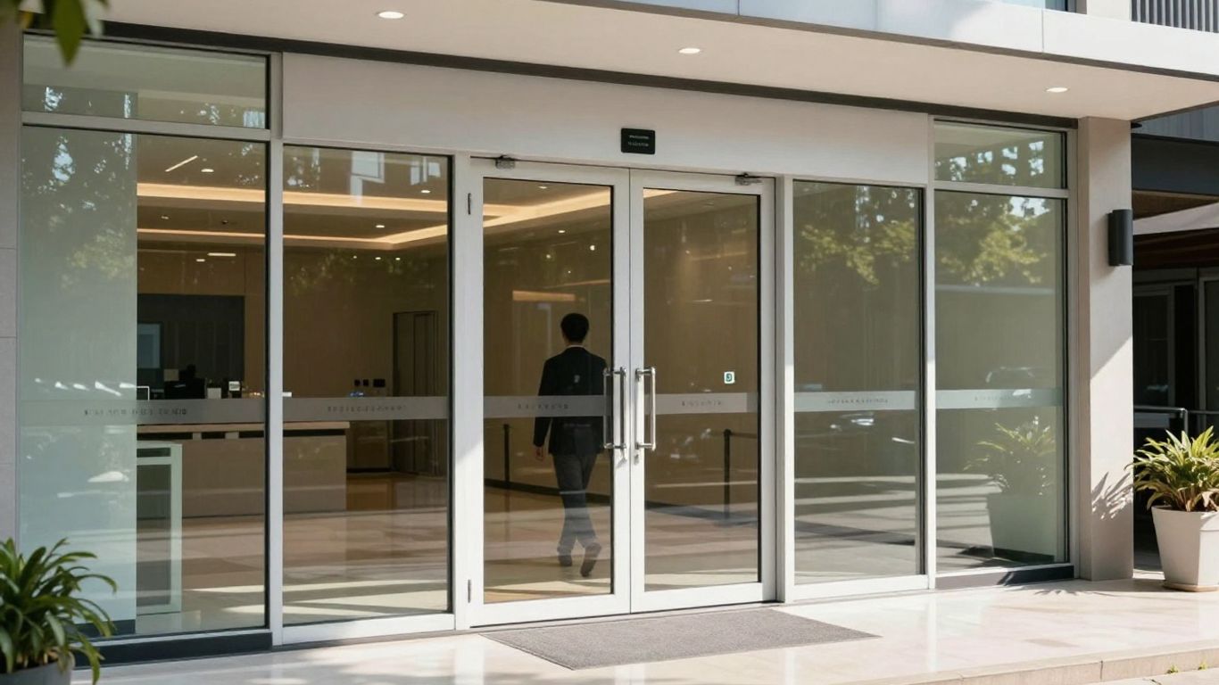 Automatic sliding door entering a modern building.