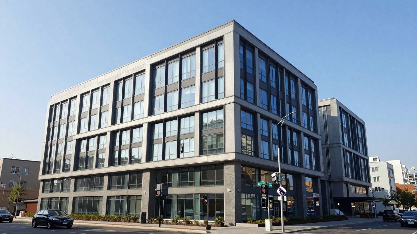 Modern building with mezzanine, urban redevelopment context.