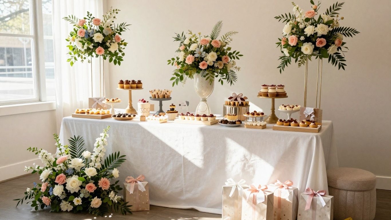 Elegant Dallas baby shower venue with decorations and gifts.