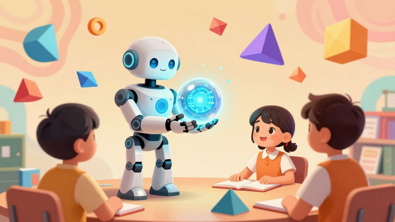 AI robot helps student with math, game-like illustration.