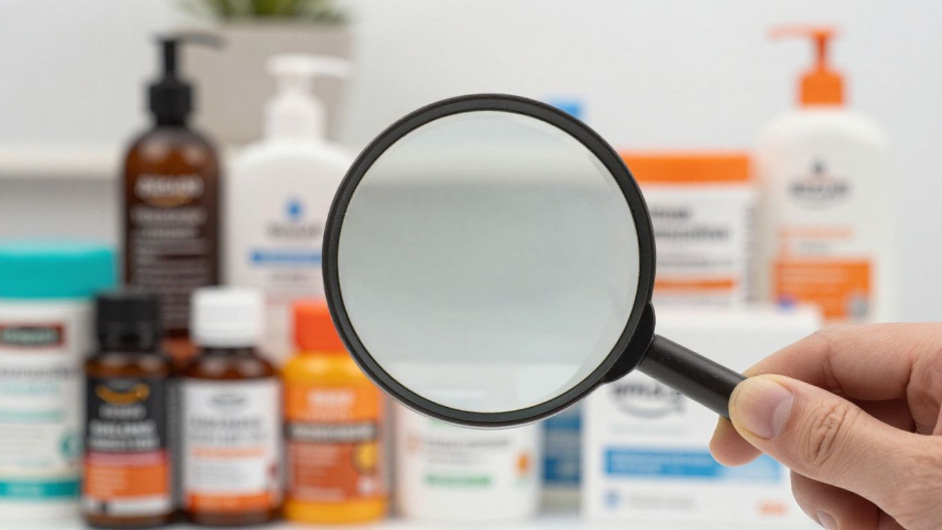 Magnifying glass over Amazon product listings.