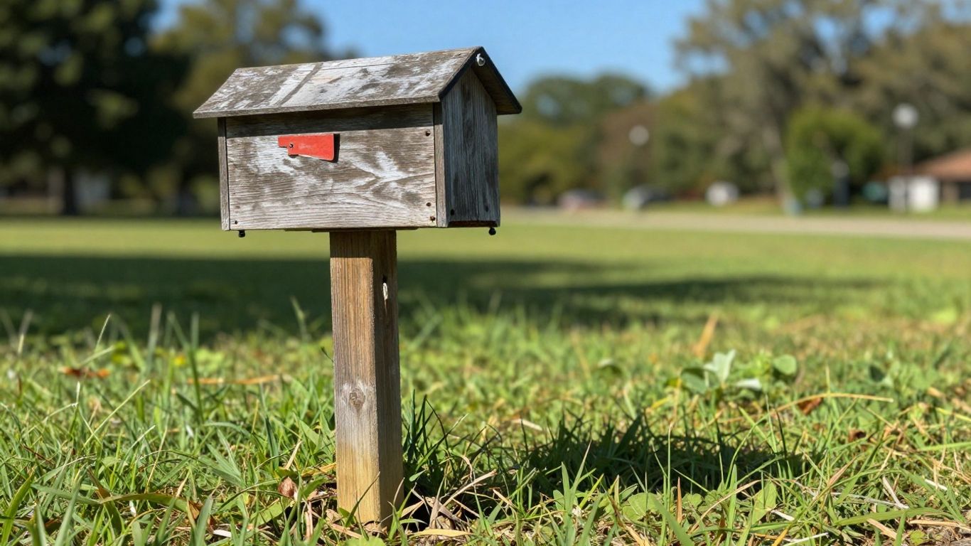 Leaning mailbox post with cracked base in sunny yard.