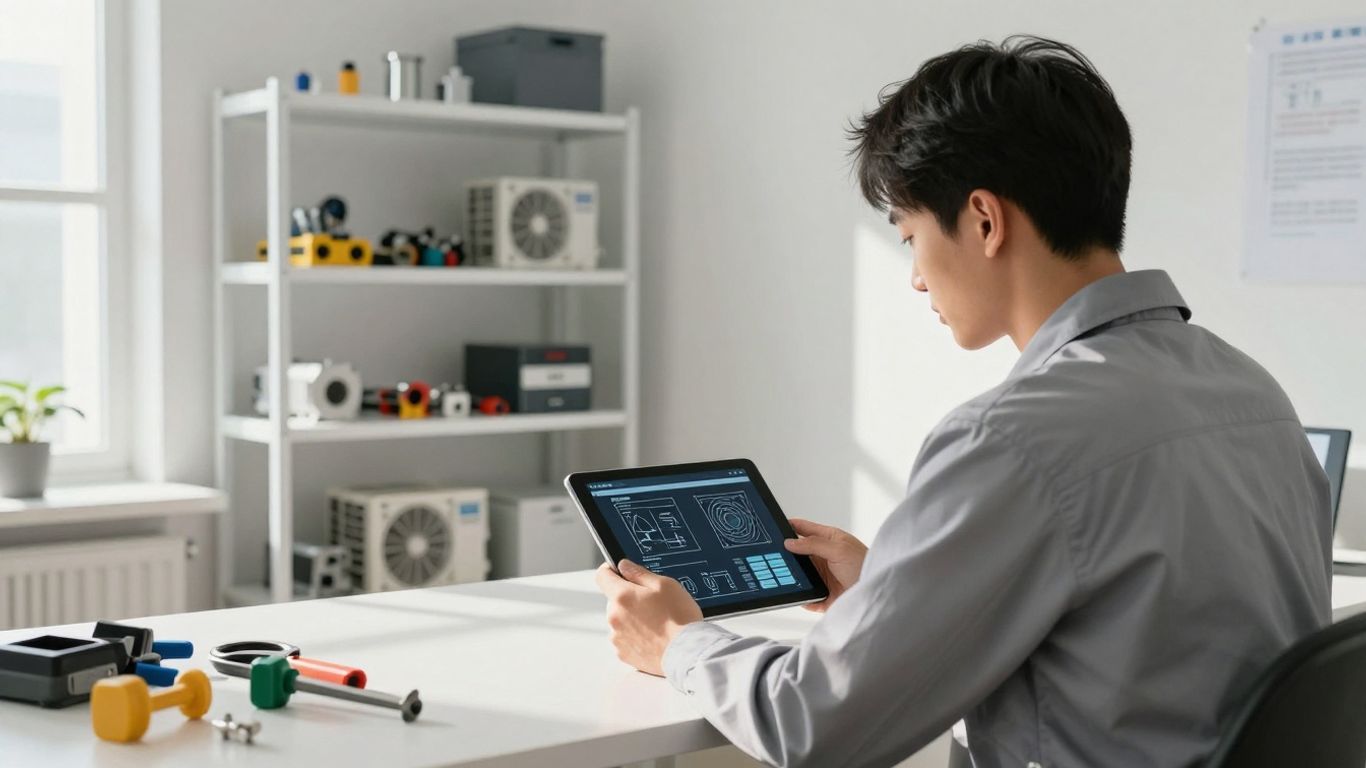 HVAC technician using tablet with inventory software