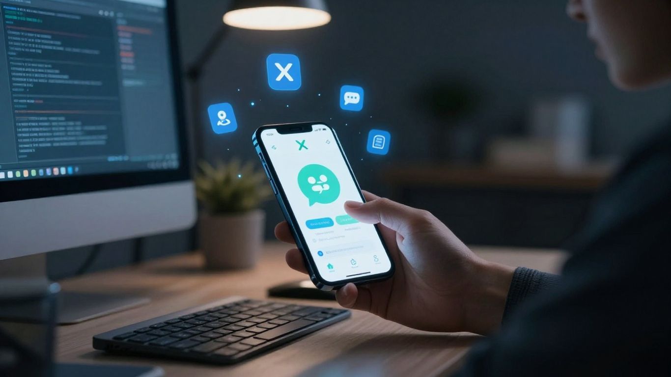 Hand using X app for auto DMs at night