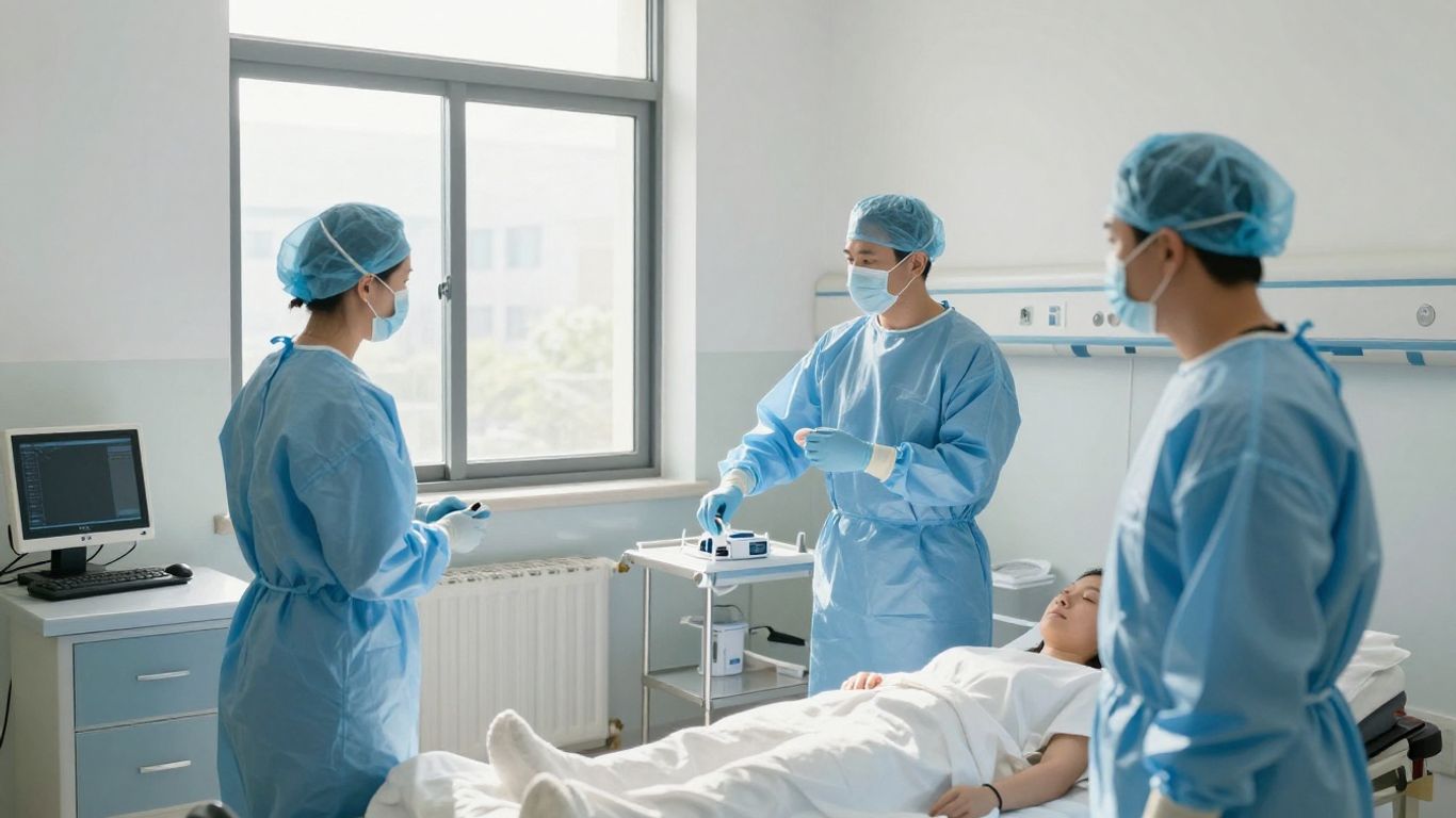 Profesioniști medicali îngrijind un pacient într-o cameră curată.