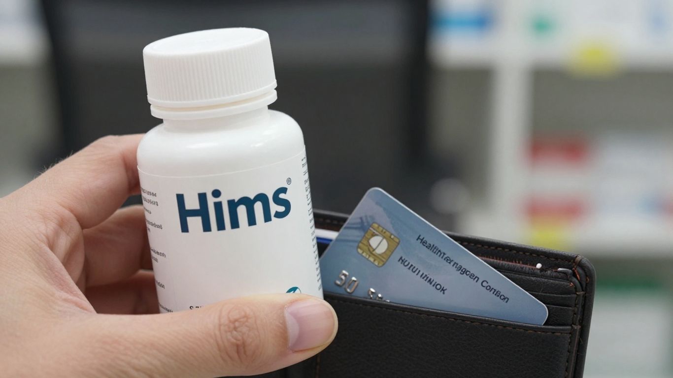 Hims prescription bottle with HSA and credit cards.