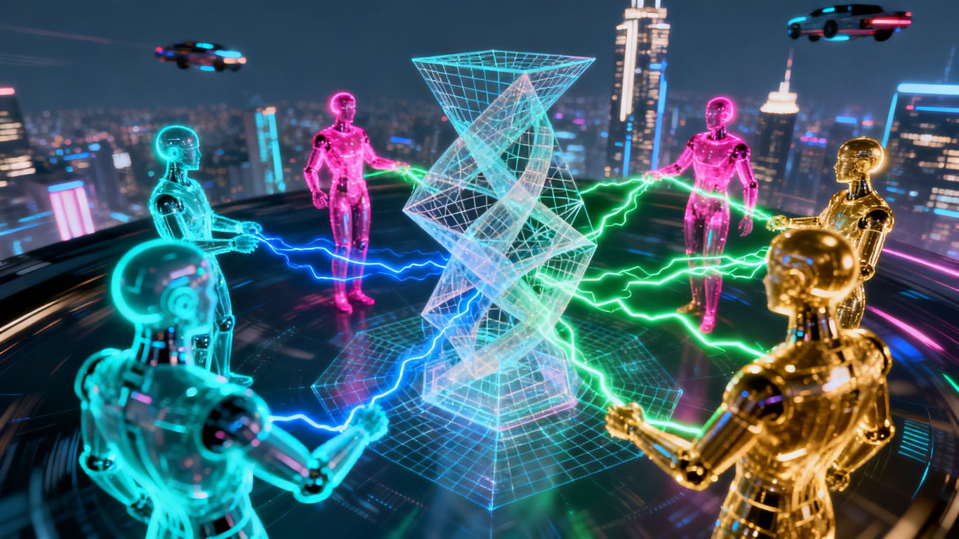 AI agents collaborating on a complex digital task.