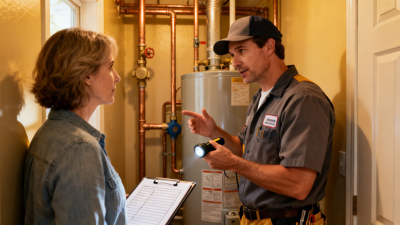 Plumber reviewing water heater repair options