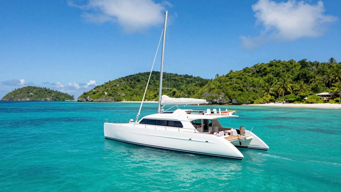 Luxury catamaran sailing in clear turquoise waters near islands.