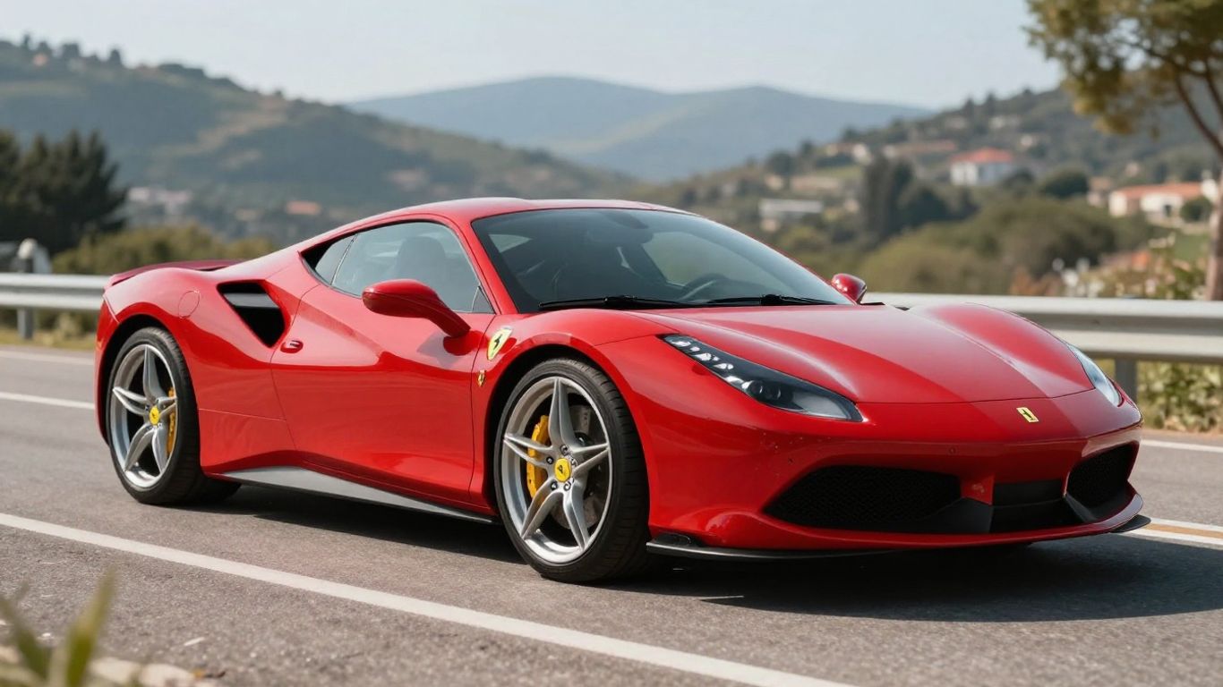 Ferrari Roma car parked on a scenic road.