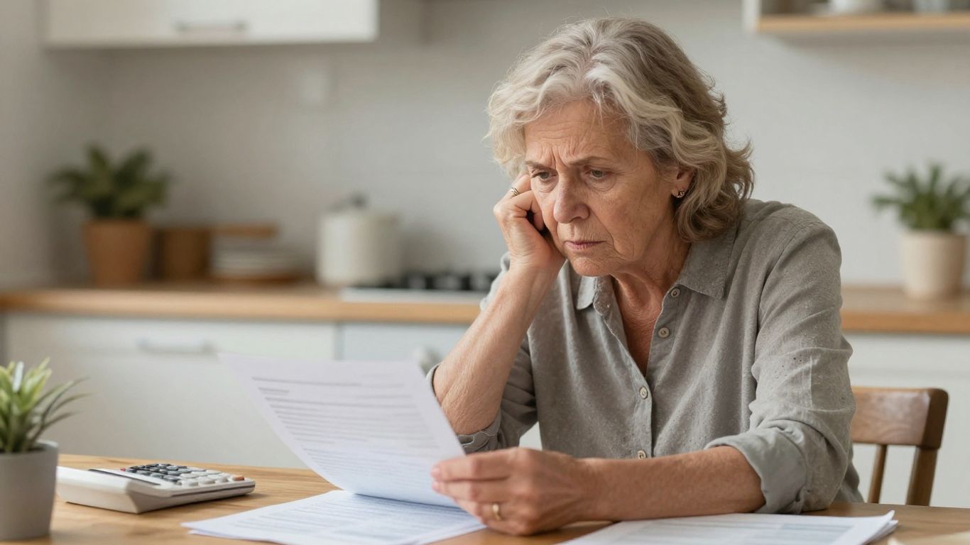 Retraité inquiet regardant des papiers financiers.