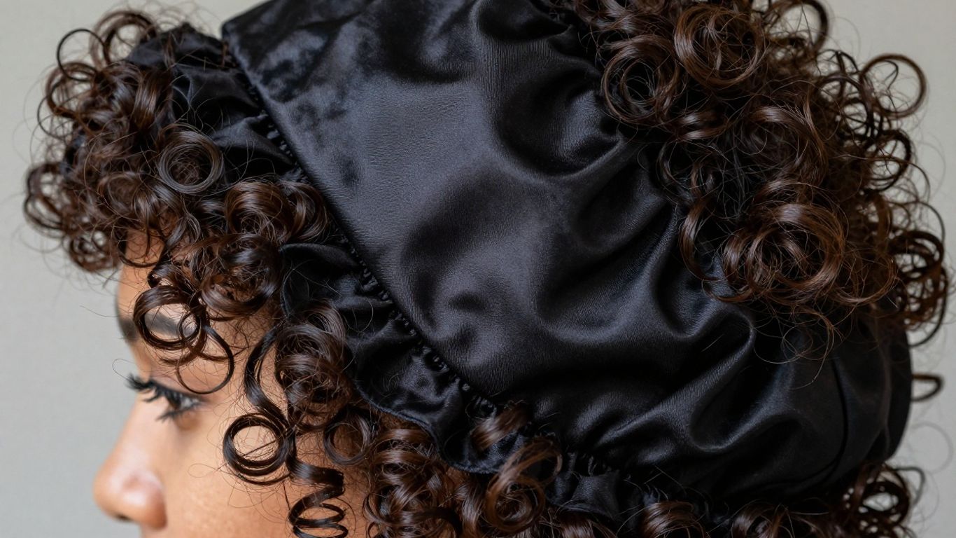Curly hair protected by a satin bonnet at night.