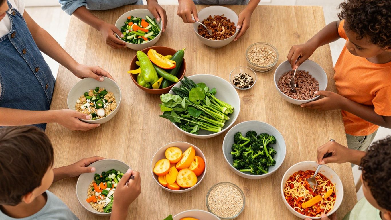 Family preparing healthy ingredients for meal prep.