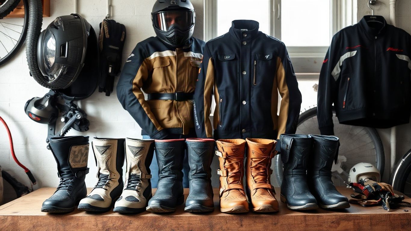 Black motorcycle boots beside touring gear
