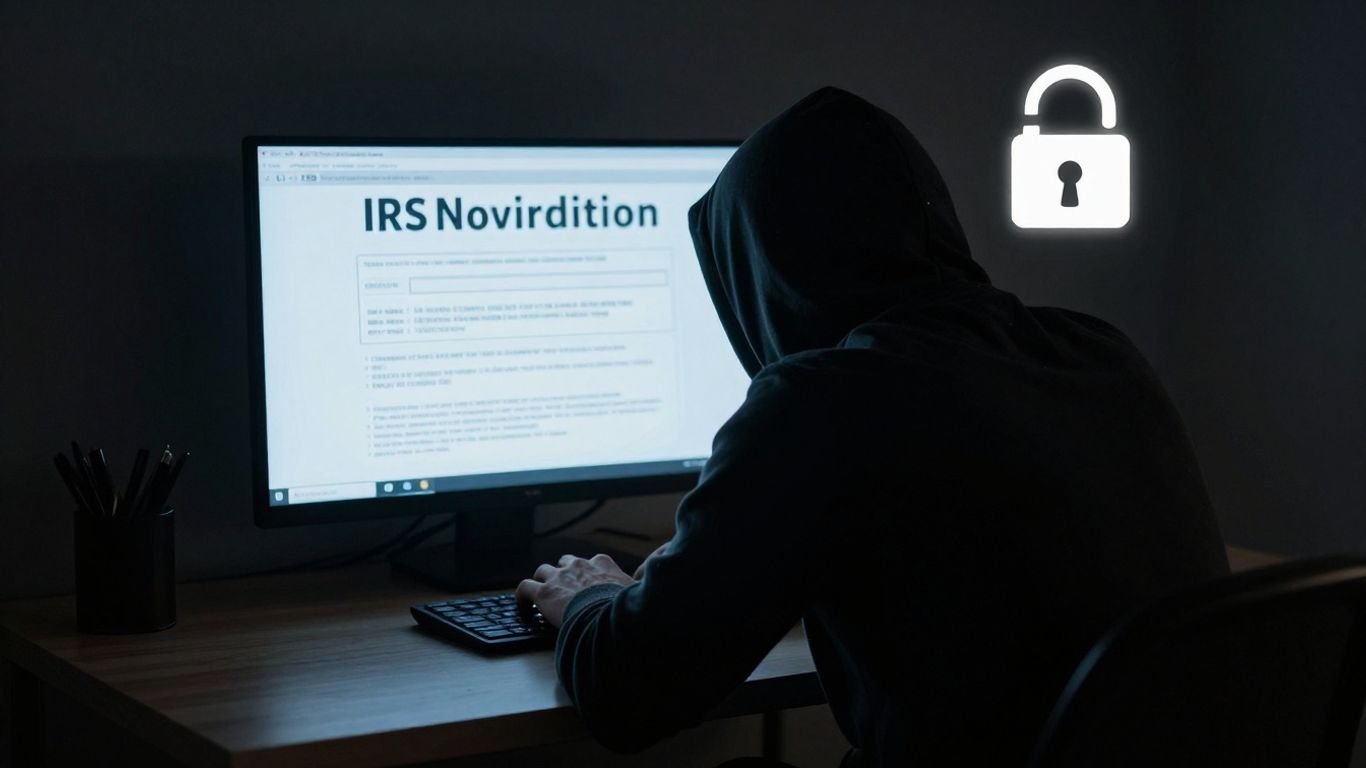 Tax scam warning with fake IRS message and identity theft threat.