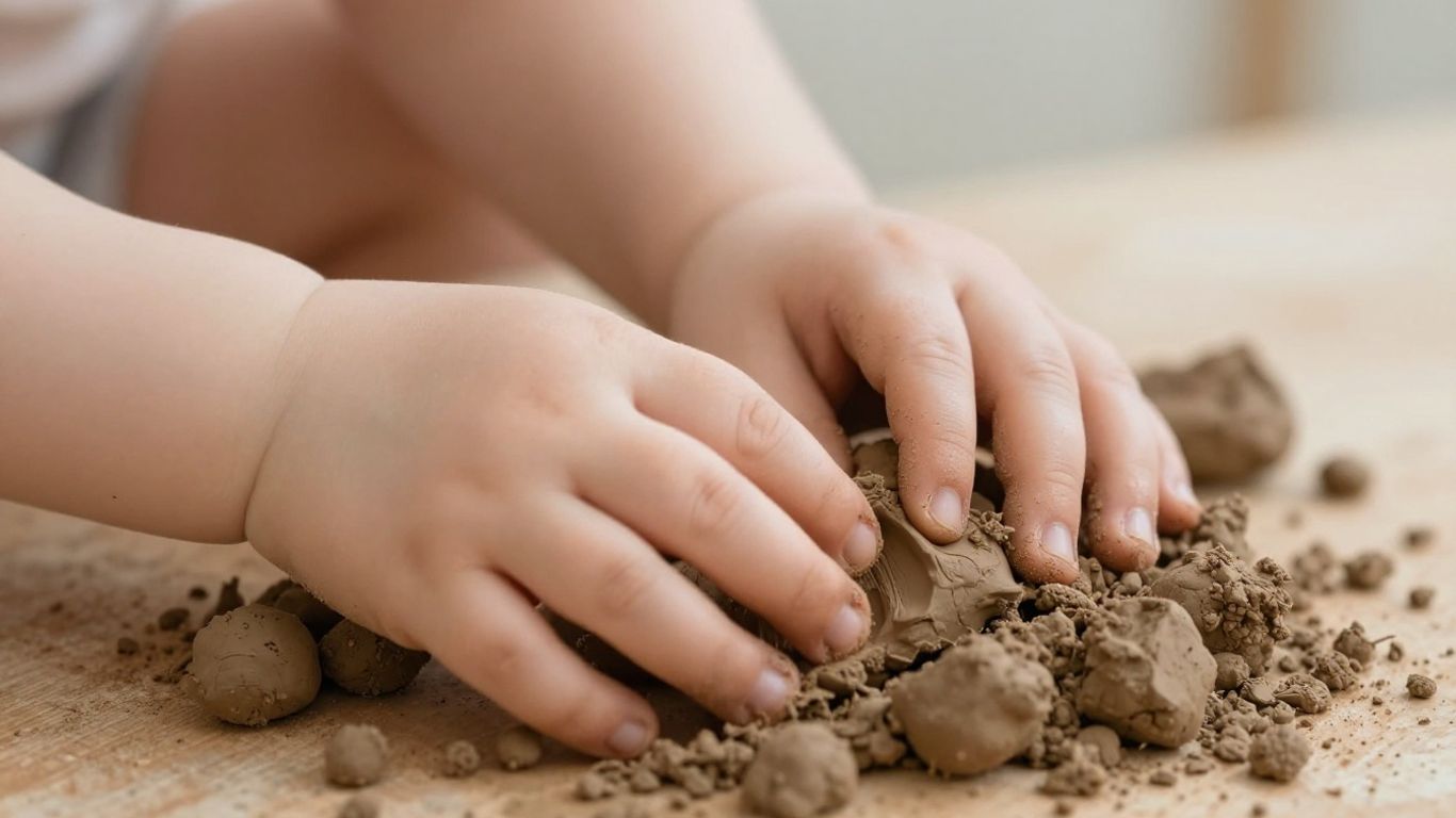 Bebê explorando argila, foco nas mãos e textura.