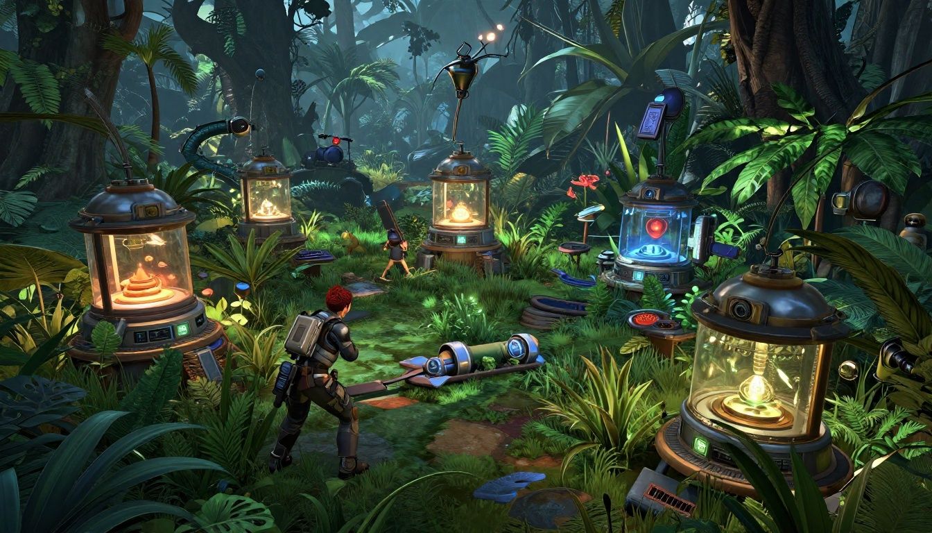 Aloy em meio a uma selva densa e colorida enfrentando máquinas complexas com iluminação realista que destaca a fidelidade técnica do motor gráfico